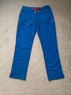 Figs Blue Cargo Scrub Pants with Orange Drawstring